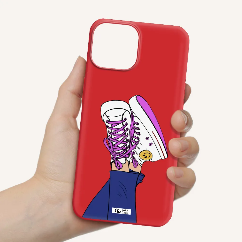 a cartoon of a person's feet with purple shoes Apple iPhone 13 mini Silicone Imperial Red Case