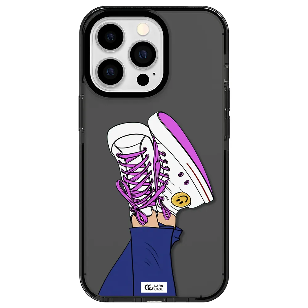 a cartoon of a person's feet with purple shoes Apple iPhone 13 Pro impact Smoke Black Case