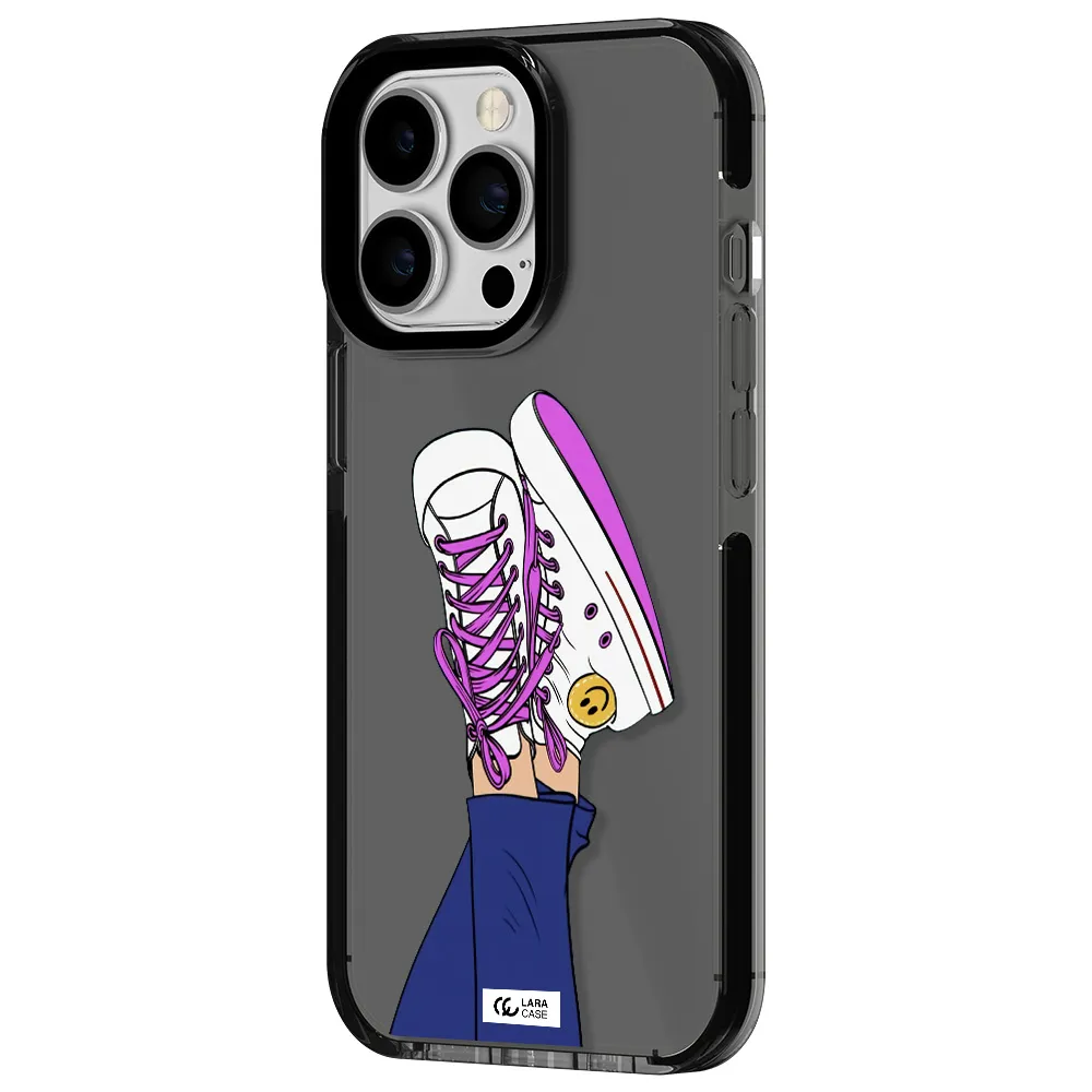 a cartoon of a person's feet with purple shoes Apple iPhone 13 Pro impact Smoke Black Case