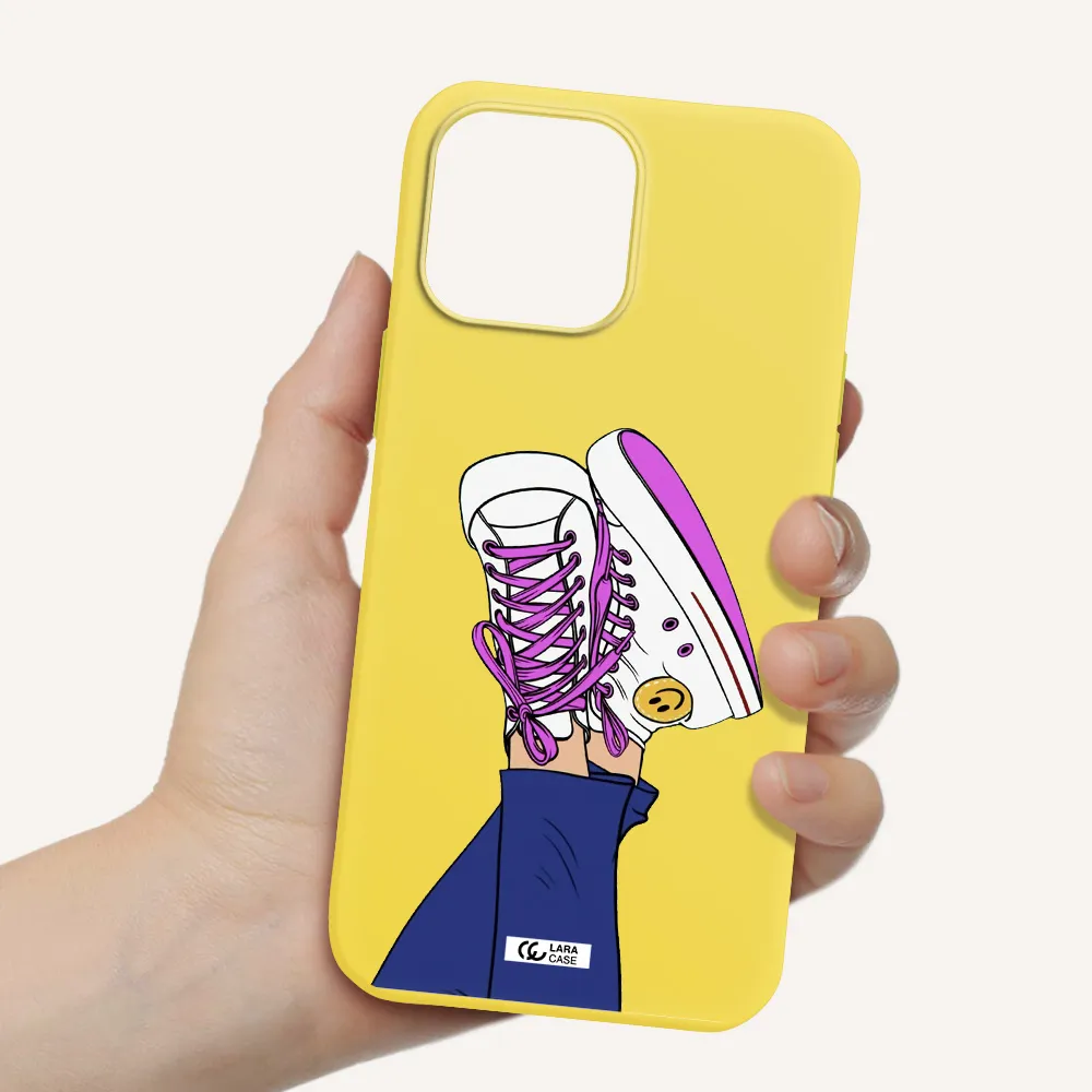 a cartoon of a person's feet with purple shoes Apple iPhone 13 Pro Max Silicone canary yellow Case