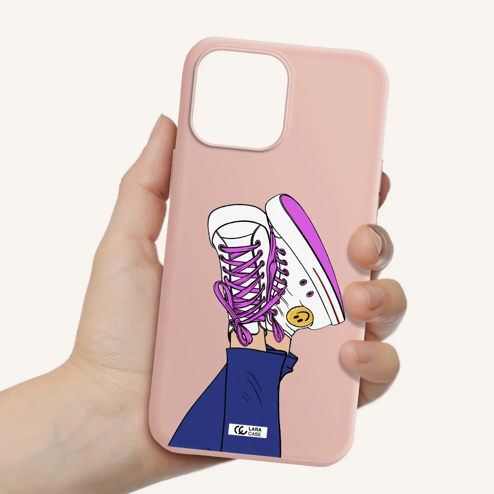 a cartoon of a person's feet with purple shoes Apple iPhone 13 Pro Max Silicone pastel pink Case