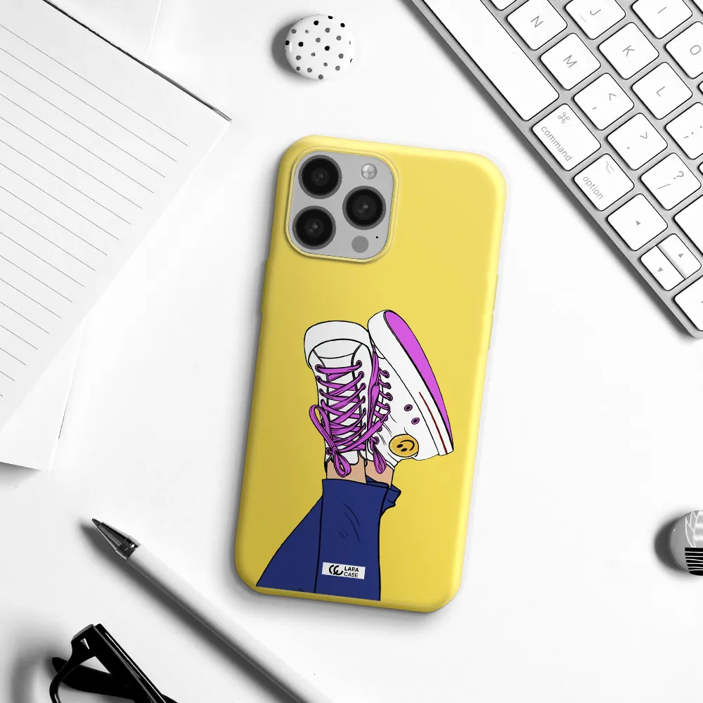 a cartoon of a person's feet with purple shoes Apple iPhone 13 Pro Silicone canary yellow Case