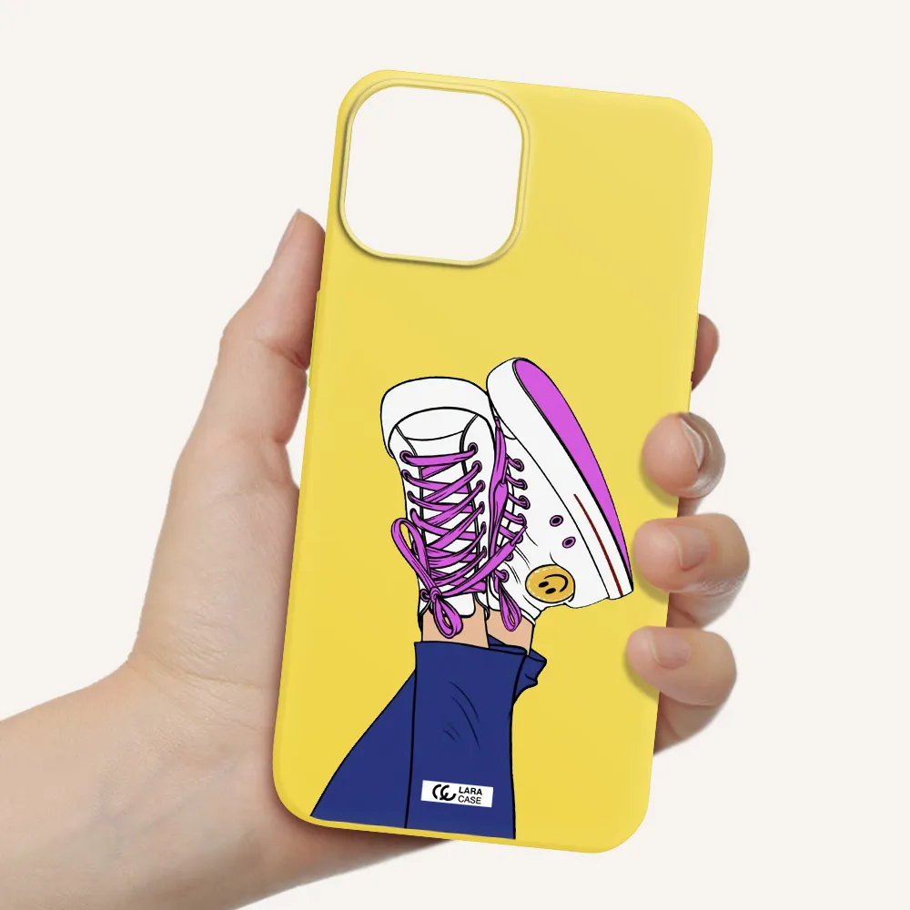 a cartoon of a person's feet with purple shoes Apple iPhone 13 Silicone canary yellow Case