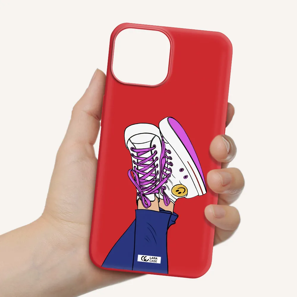 a cartoon of a person's feet with purple shoes Apple iPhone 13 Silicone Imperial Red Case