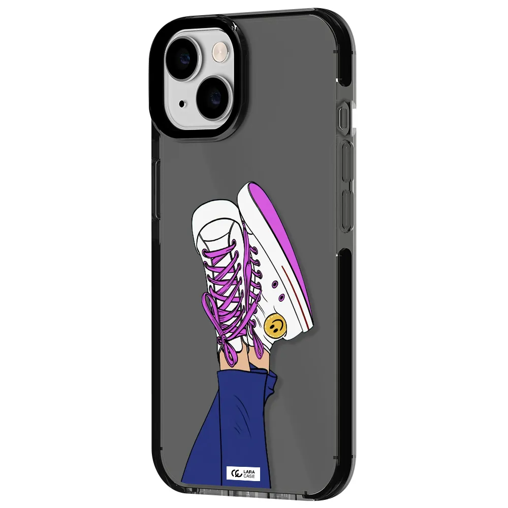 a cartoon of a person's feet with purple shoes Apple iPhone 14 impact Smoke Black Case