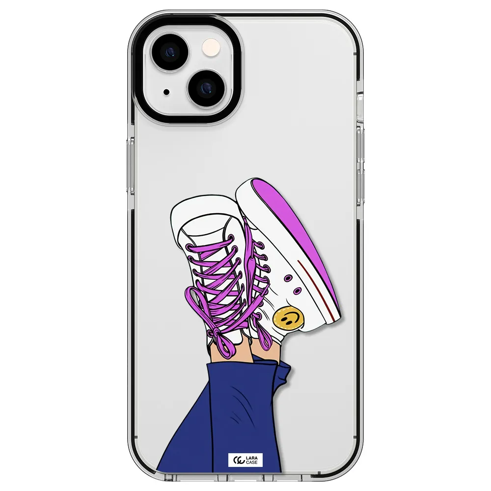 a cartoon of a person's feet with purple shoes Apple iPhone 14 plus impact black border Case