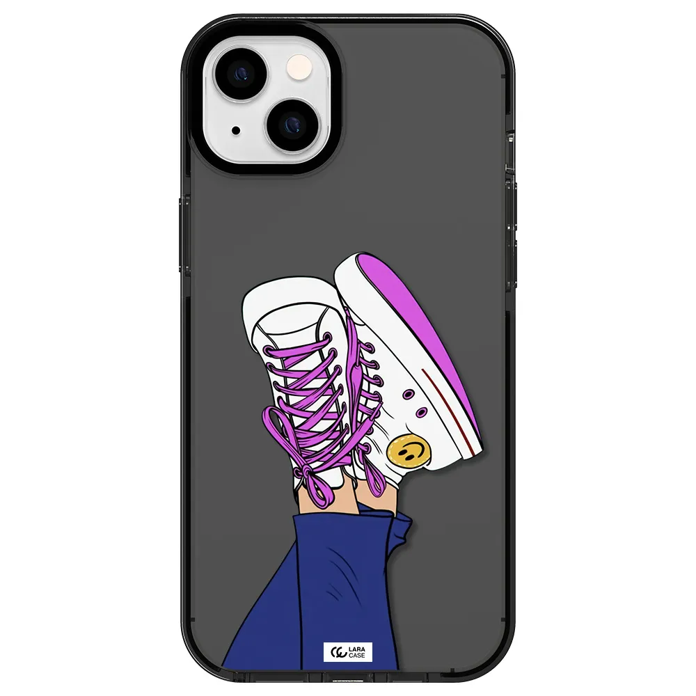 a cartoon of a person's feet with purple shoes Apple iPhone 14 plus impact Smoke Black Case