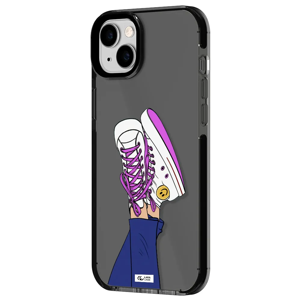 a cartoon of a person's feet with purple shoes Apple iPhone 14 plus impact Smoke Black Case