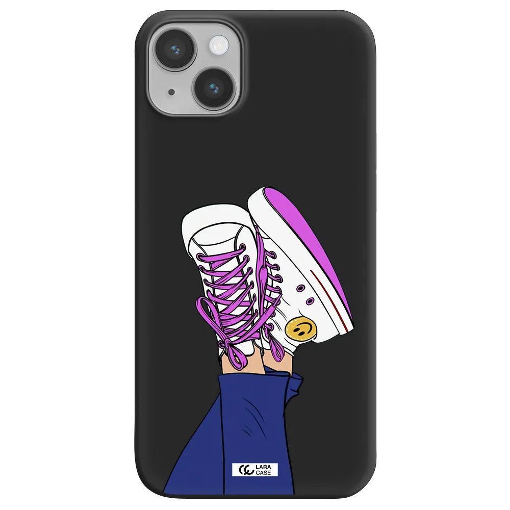 a cartoon of a person's feet with purple shoes Apple iPhone 14 plus Silicone black Case