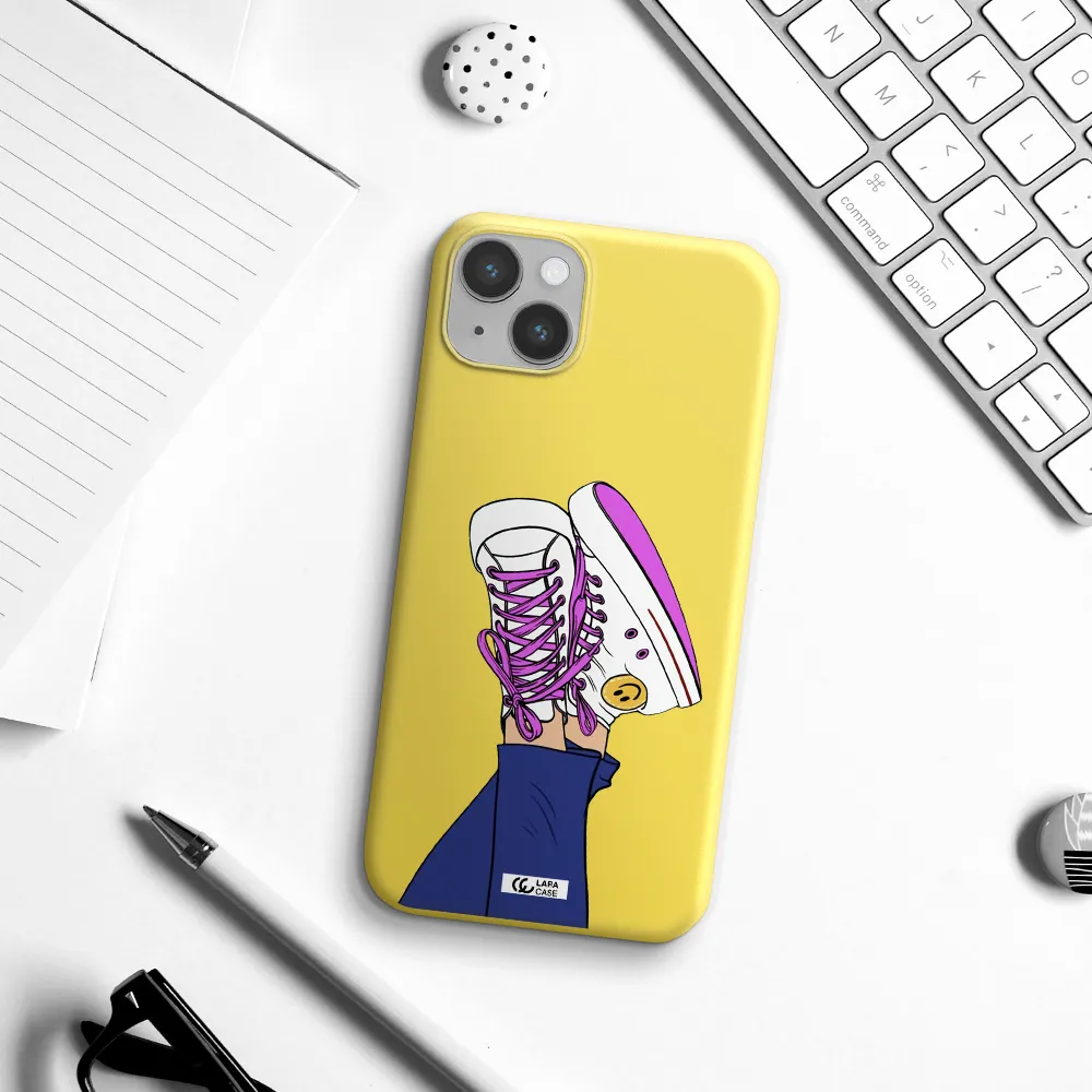 a cartoon of a person's feet with purple shoes Apple iPhone 14 plus Silicone canary yellow Case