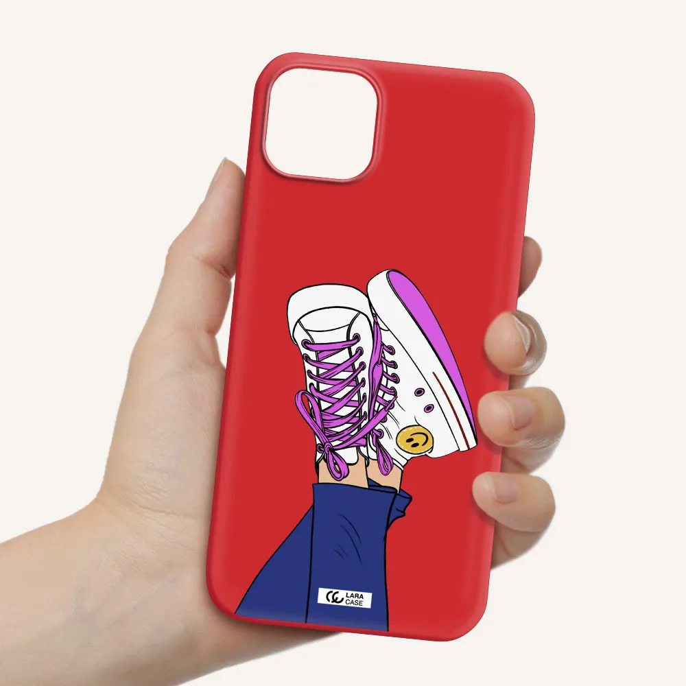 a cartoon of a person's feet with purple shoes Apple iPhone 14 plus Silicone Imperial Red Case