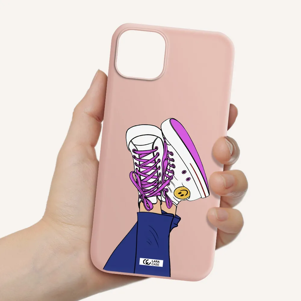 a cartoon of a person's feet with purple shoes Apple iPhone 14 plus Silicone pastel pink Case