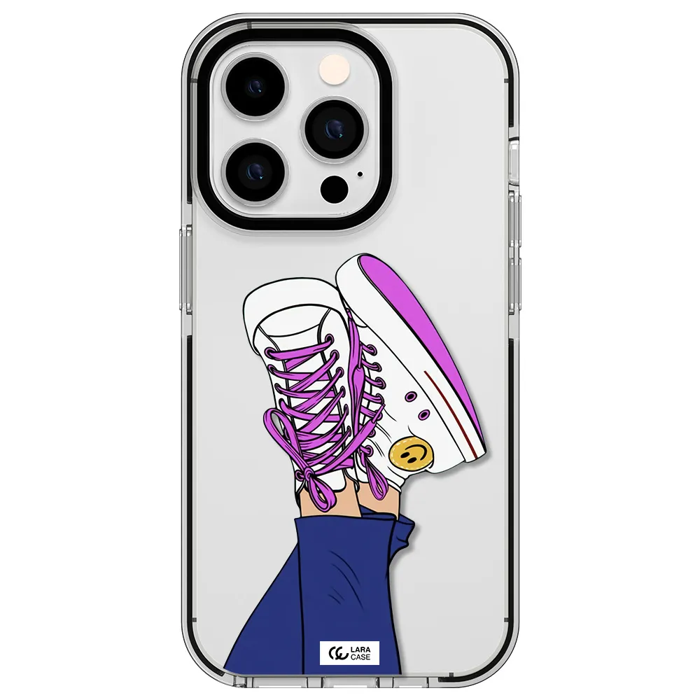 a cartoon of a person's feet with purple shoes Apple iPhone 14 pro impact black border Case