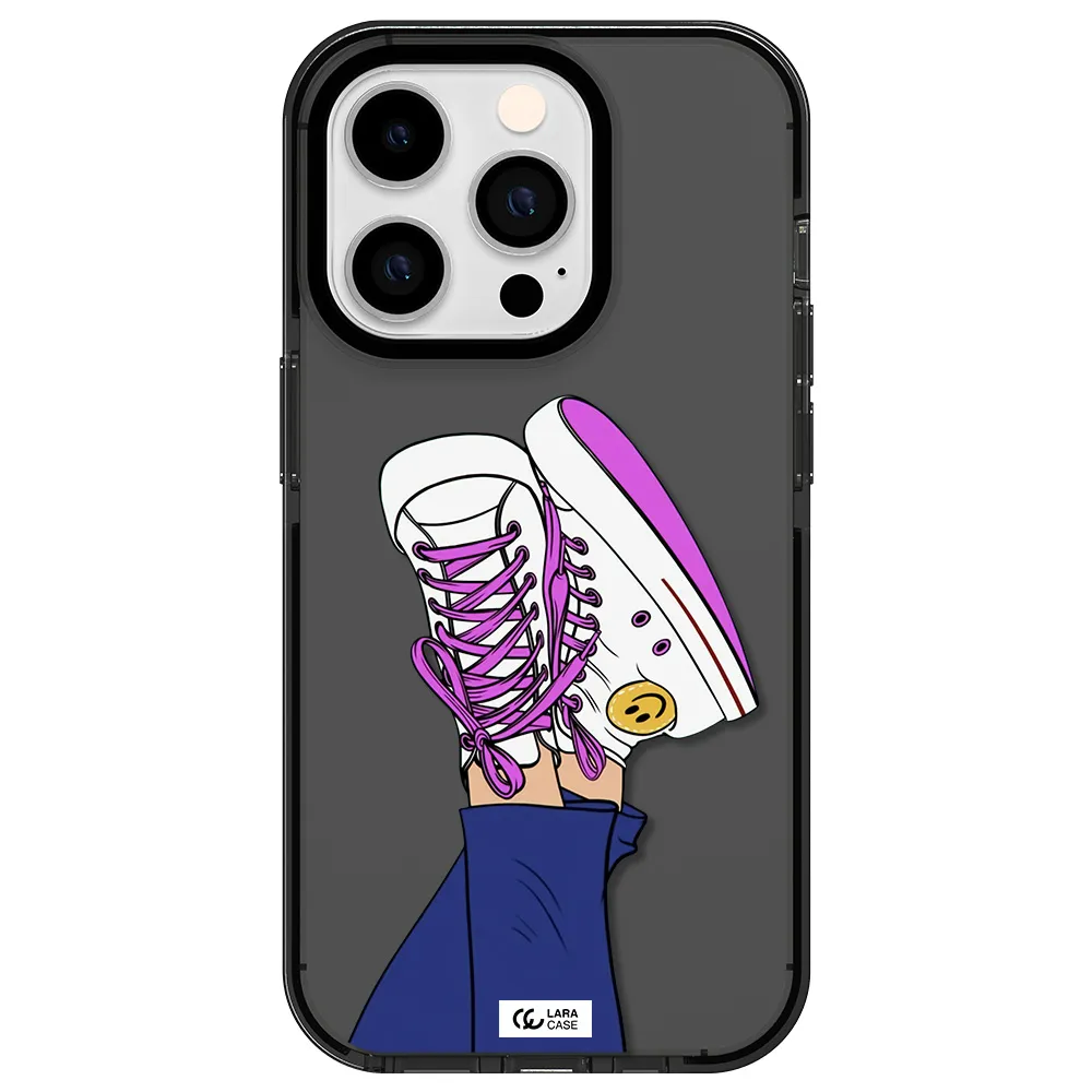 a cartoon of a person's feet with purple shoes Apple iPhone 14 pro impact Smoke Black Case