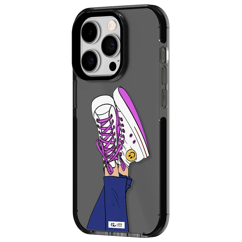 a cartoon of a person's feet with purple shoes Apple iPhone 14 pro impact Smoke Black Case
