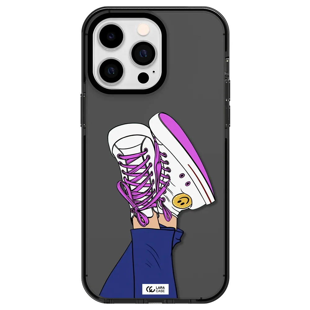 a cartoon of a person's feet with purple shoes Apple iPhone 14 pro max impact Smoke Black Case