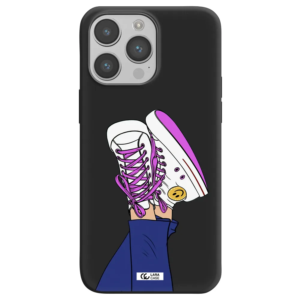 a cartoon of a person's feet with purple shoes Apple iPhone 14 pro Silicone black Case