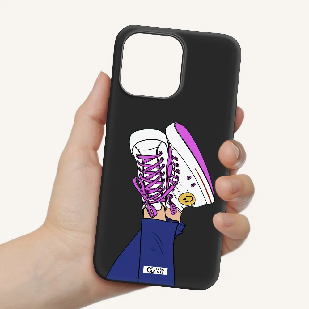 a cartoon of a person's feet with purple shoes Apple iPhone 14 pro Silicone black Case