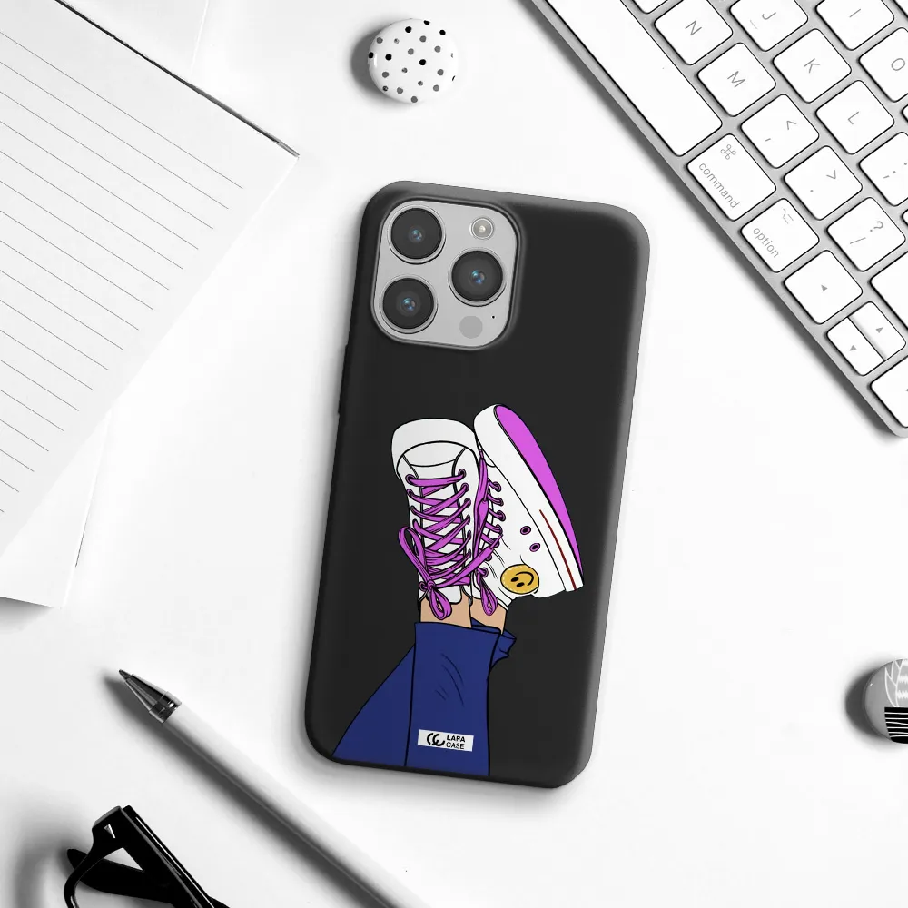 a cartoon of a person's feet with purple shoes Apple iPhone 14 pro Silicone black Case