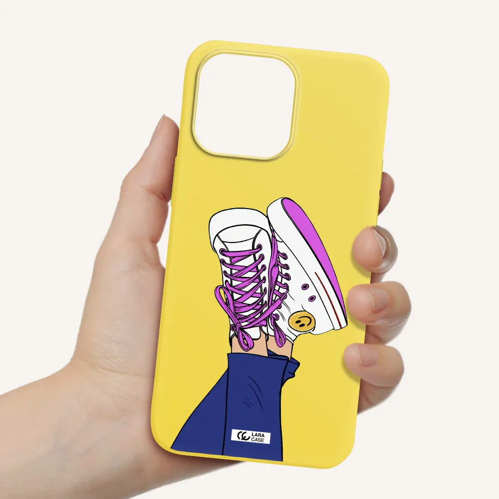 a cartoon of a person's feet with purple shoes Apple iPhone 14 pro Silicone canary yellow Case