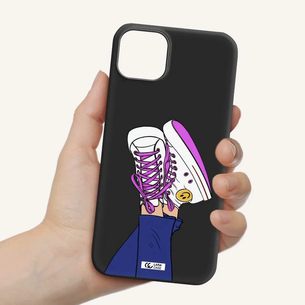 a cartoon of a person's feet with purple shoes Apple iPhone 14 Silicone black Case