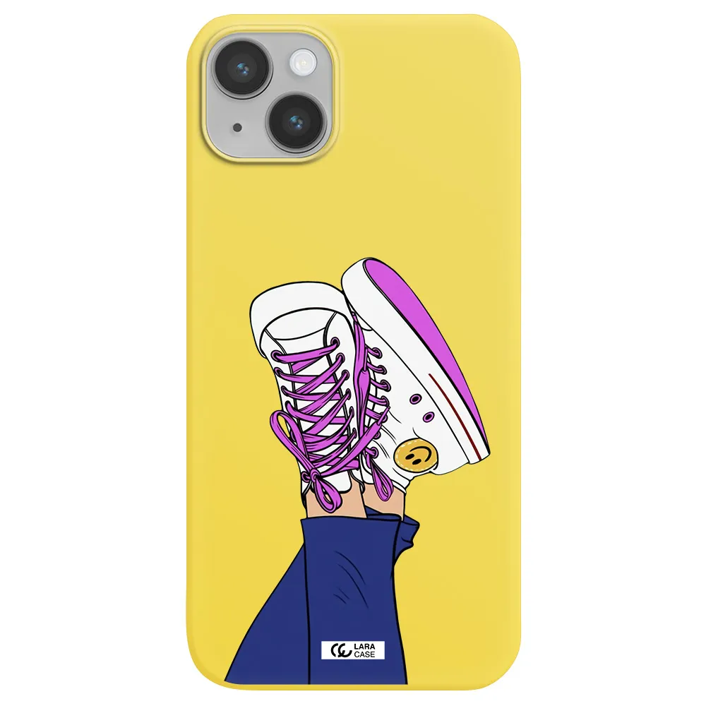 a cartoon of a person's feet with purple shoes Apple iPhone 14 Silicone canary yellow Case