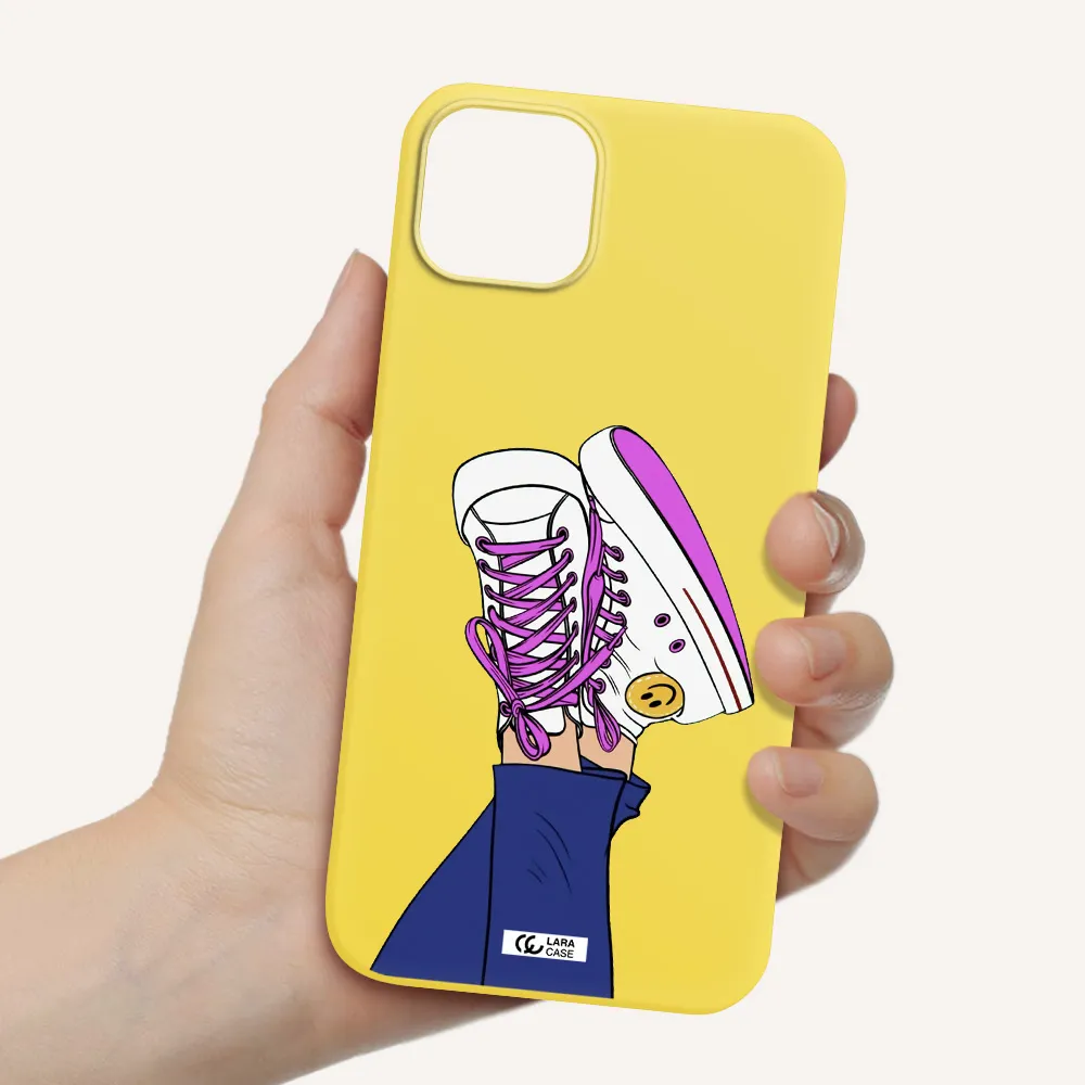 a cartoon of a person's feet with purple shoes Apple iPhone 14 Silicone canary yellow Case