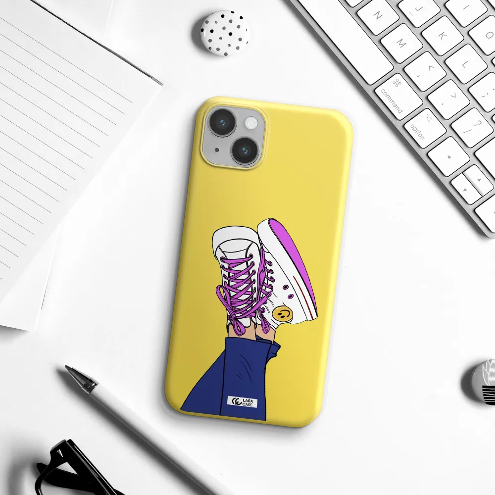 a cartoon of a person's feet with purple shoes Apple iPhone 14 Silicone canary yellow Case