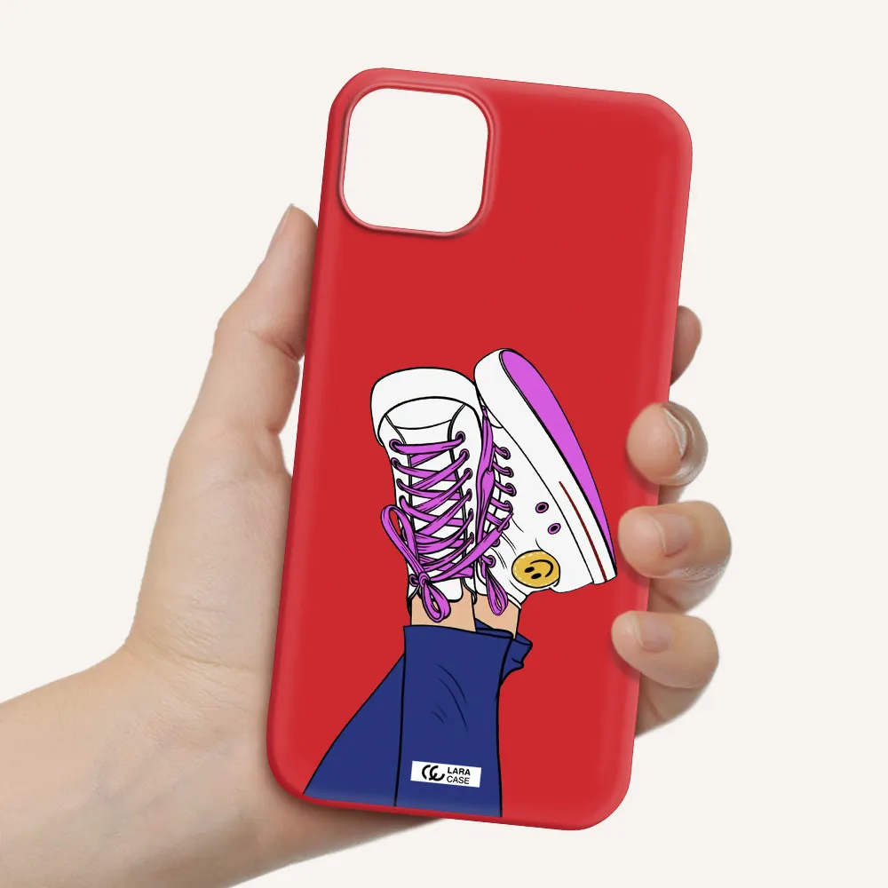 a cartoon of a person's feet with purple shoes Apple iPhone 14 Silicone Imperial Red Case