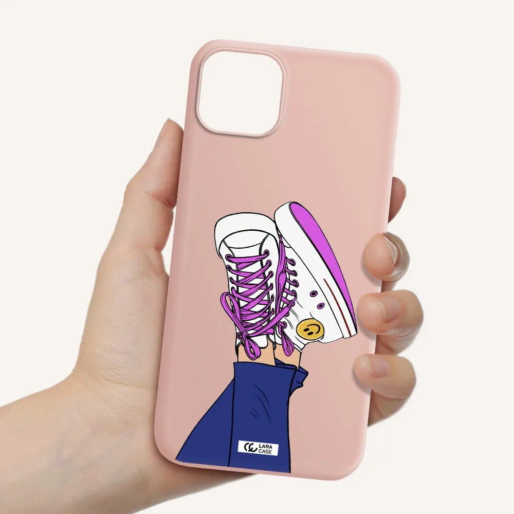 a cartoon of a person's feet with purple shoes Apple iPhone 14 Silicone pastel pink Case