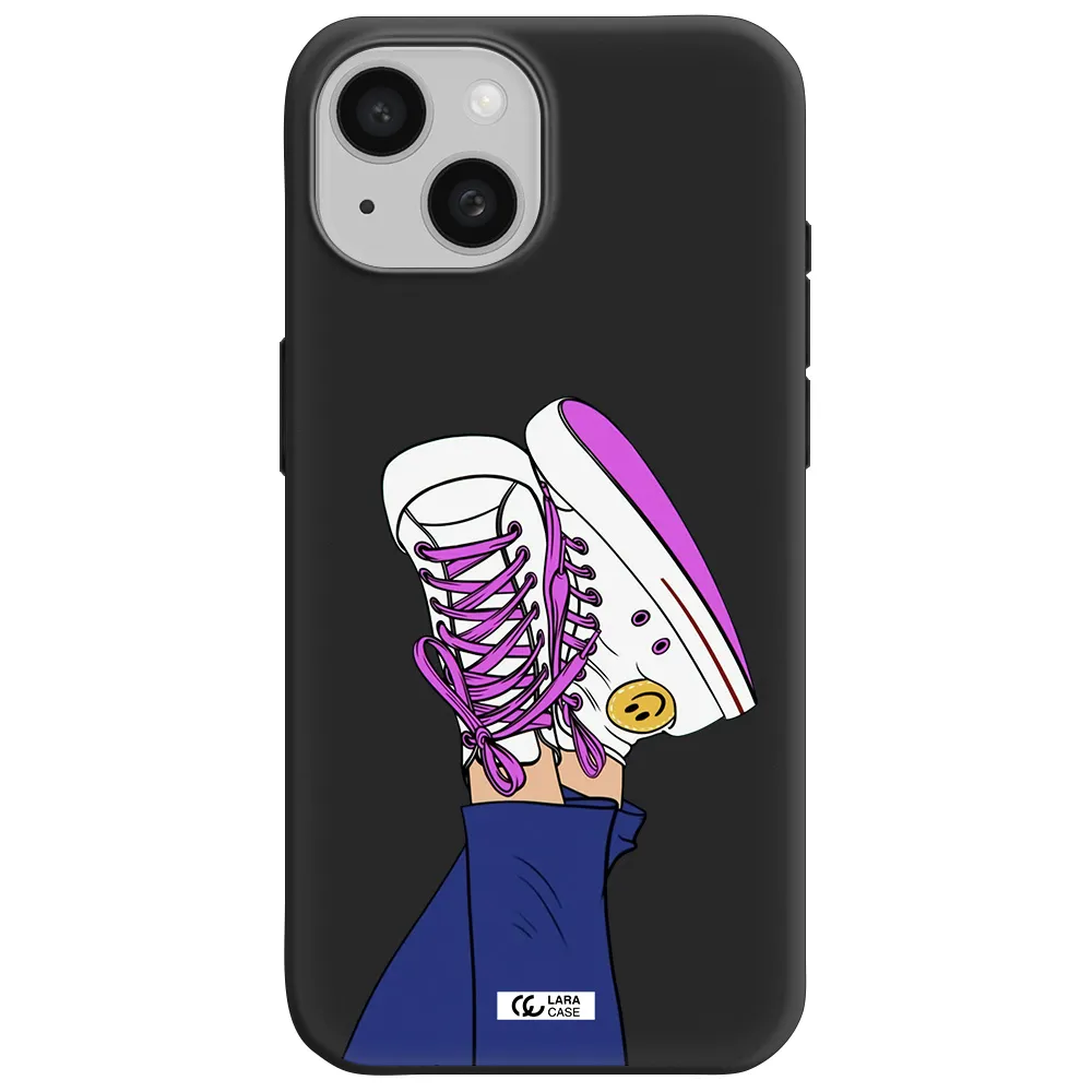 a cartoon of a person's feet with purple shoes Apple iPhone 15 Silicone black Case