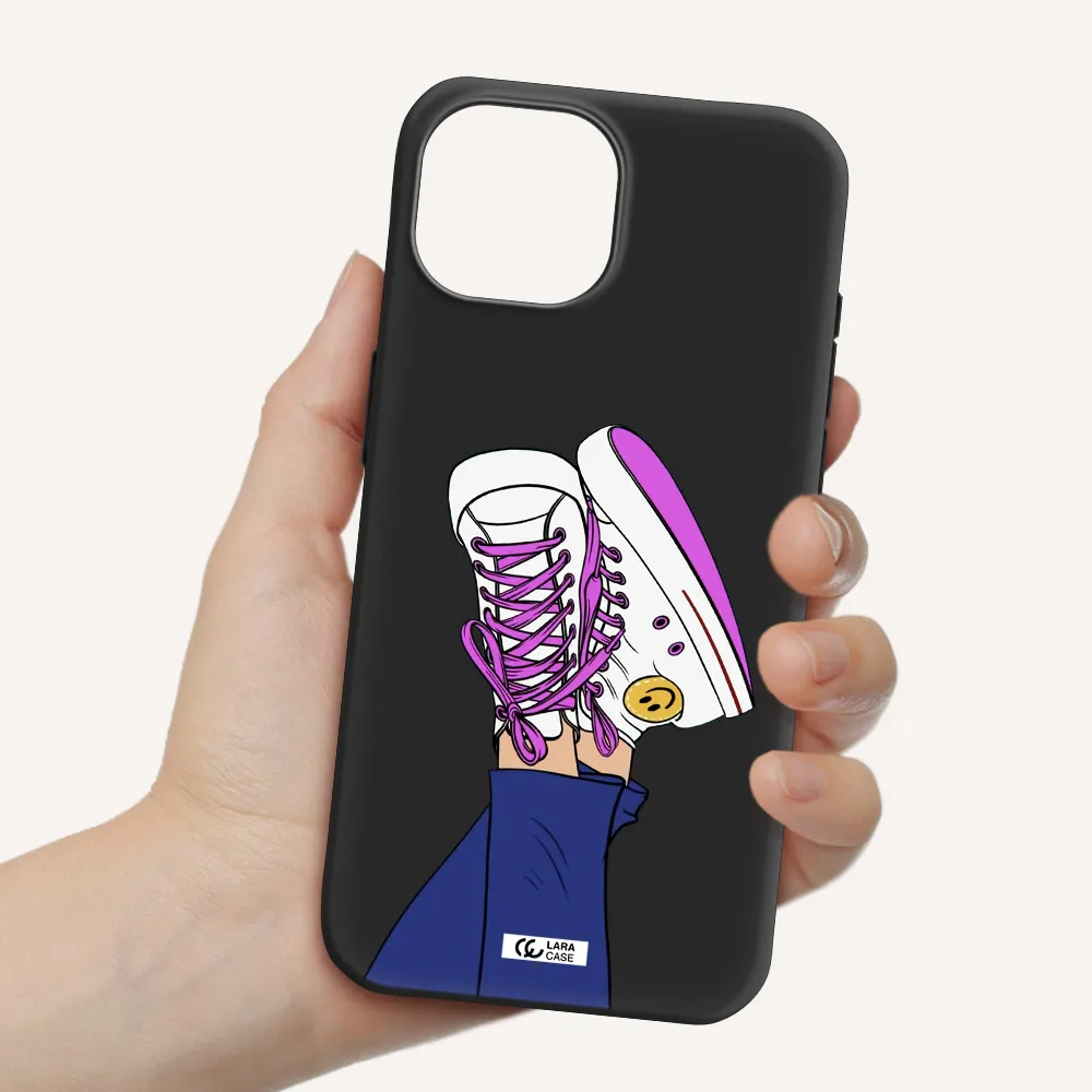 a cartoon of a person's feet with purple shoes Apple iPhone 15 Silicone black Case