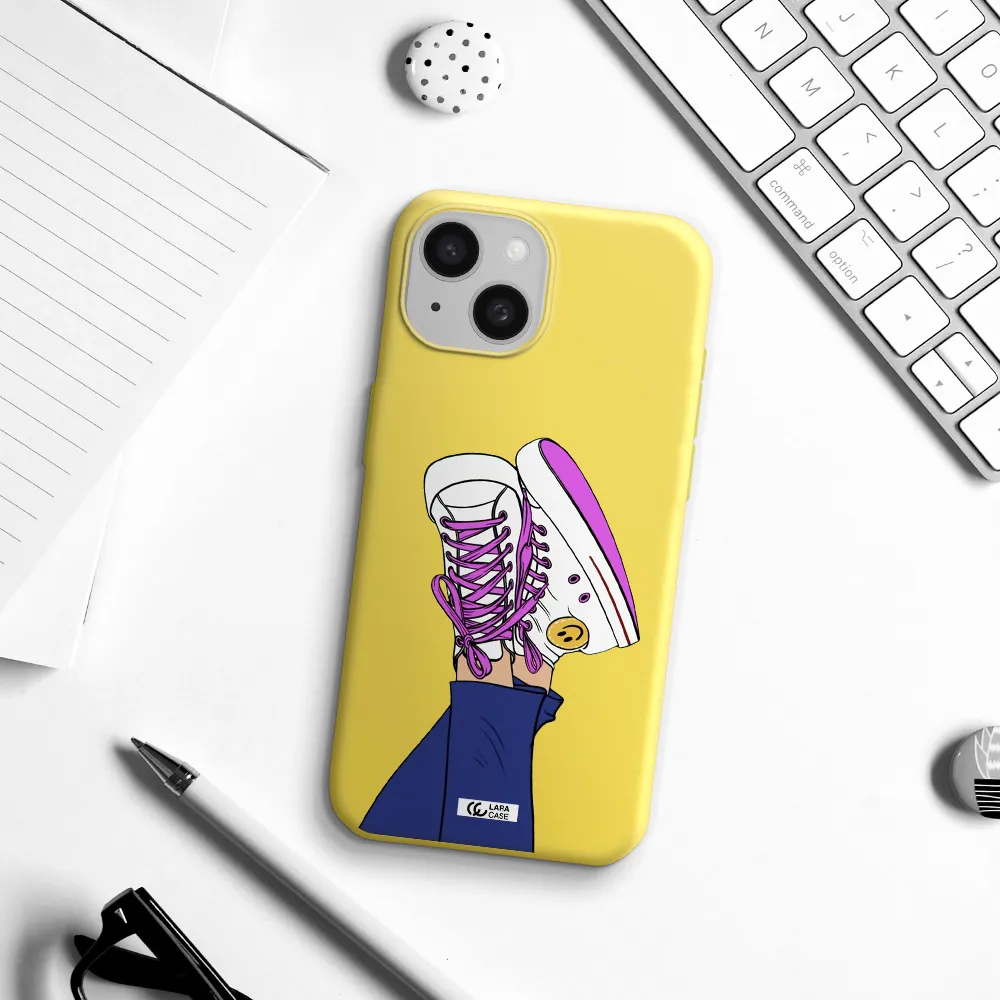 a cartoon of a person's feet with purple shoes Apple iPhone 15 Silicone canary yellow Case