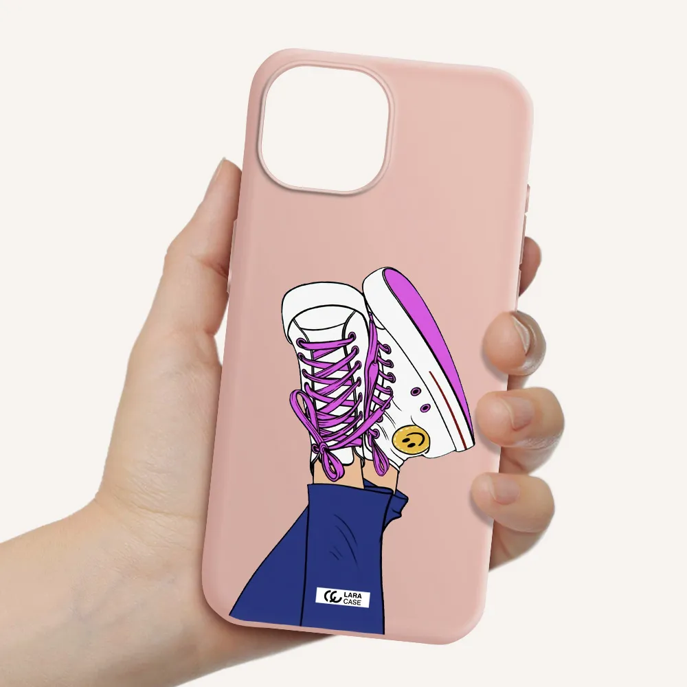 A Cartoon Of A Person's Feet With Purple Shoes Apple Iphone 15 Silicone Pastel Pink Case