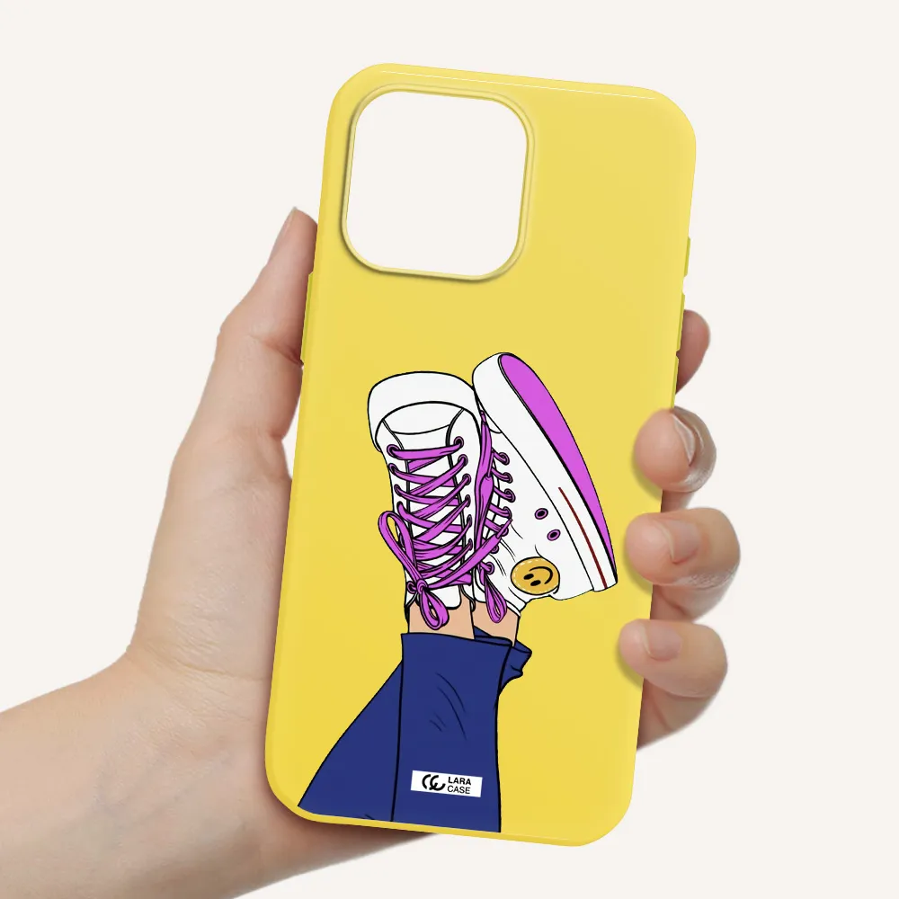 A Cartoon Of A Person's Feet With Purple Shoes Apple Iphone 16 Pro Max Silicone Canary Yellow Case