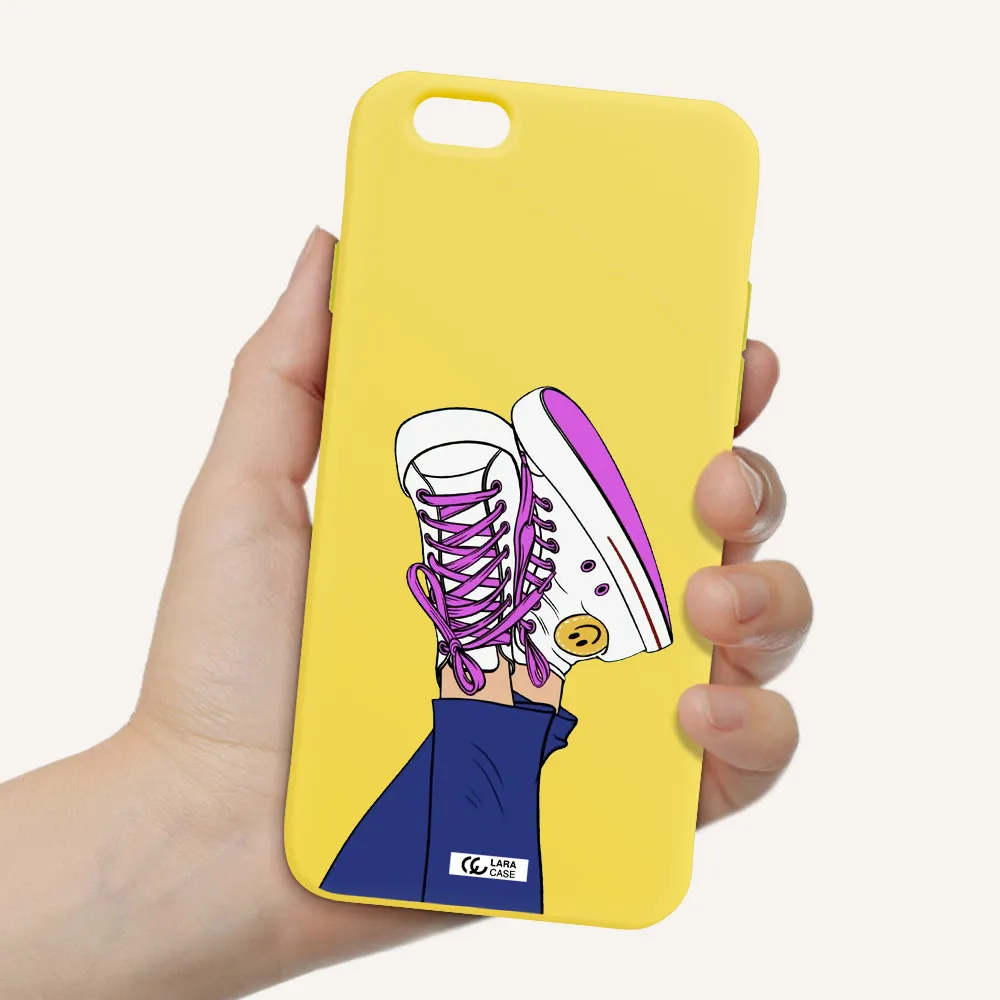 a cartoon of a person's feet with purple shoes Apple iPhone 6 Silicone canary yellow Case