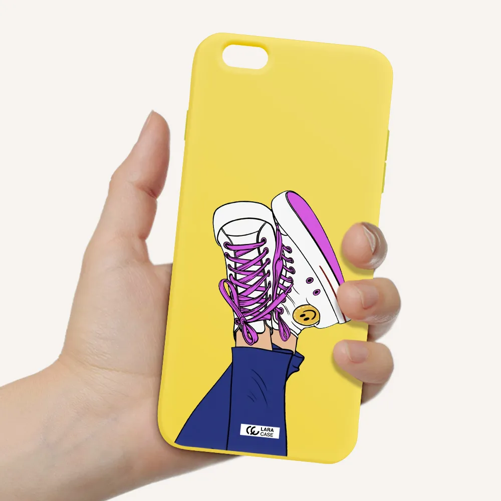 a cartoon of a person's feet with purple shoes Apple iPhone 6S Silicone canary yellow Case