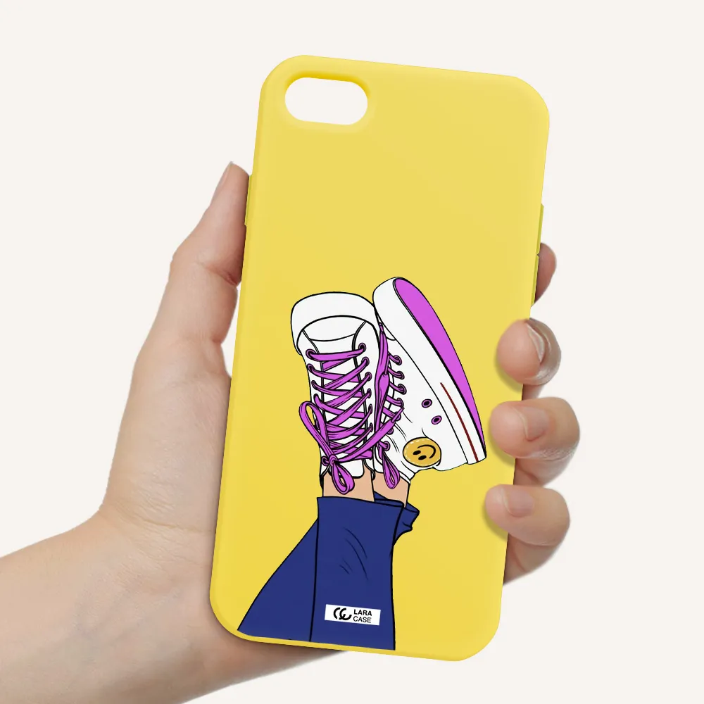 a cartoon of a person's feet with purple shoes Apple iPhone 7 Silicone canary yellow Case