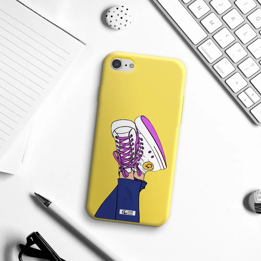 a cartoon of a person's feet with purple shoes Apple iPhone 7 Silicone canary yellow Case