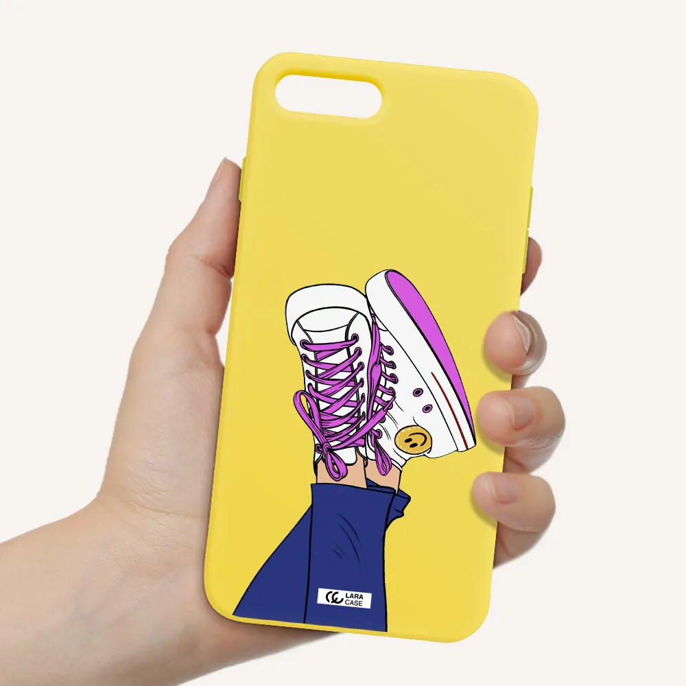 a cartoon of a person's feet with purple shoes Apple iPhone 8 plus Silicone canary yellow Case