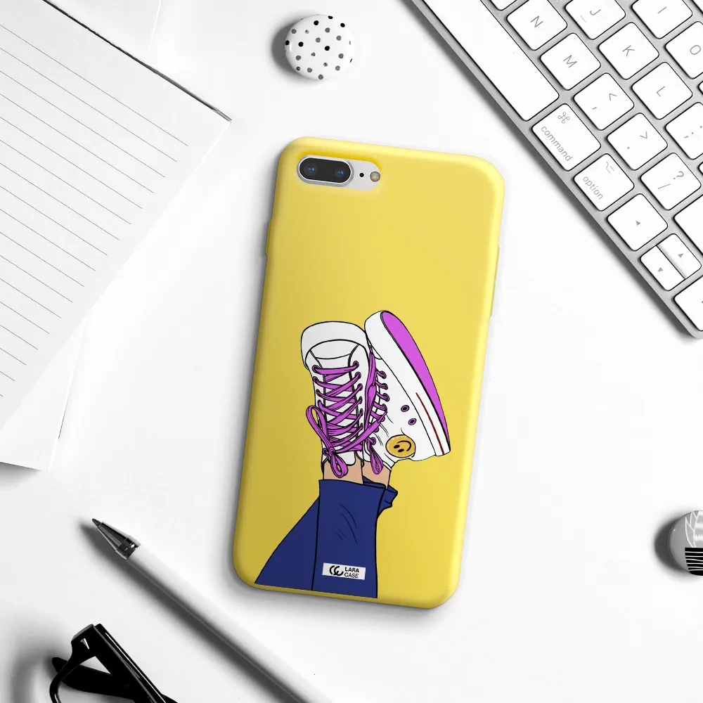a cartoon of a person's feet with purple shoes Apple iPhone 8 plus Silicone canary yellow Case
