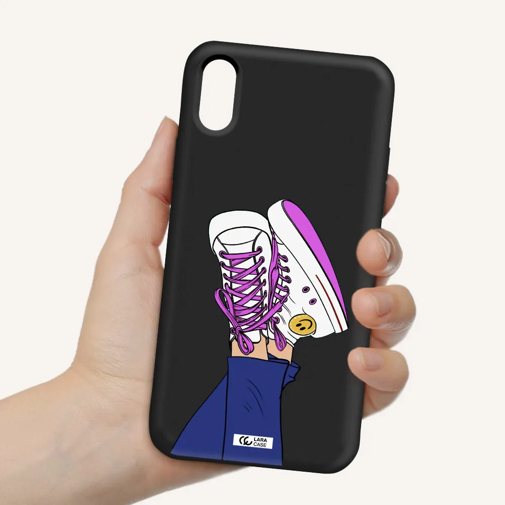 a cartoon of a person's feet with purple shoes Apple iPhone XS Silicone black Case