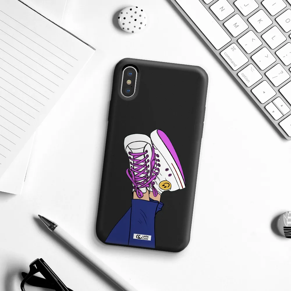 a cartoon of a person's feet with purple shoes Apple iPhone XS Silicone black Case