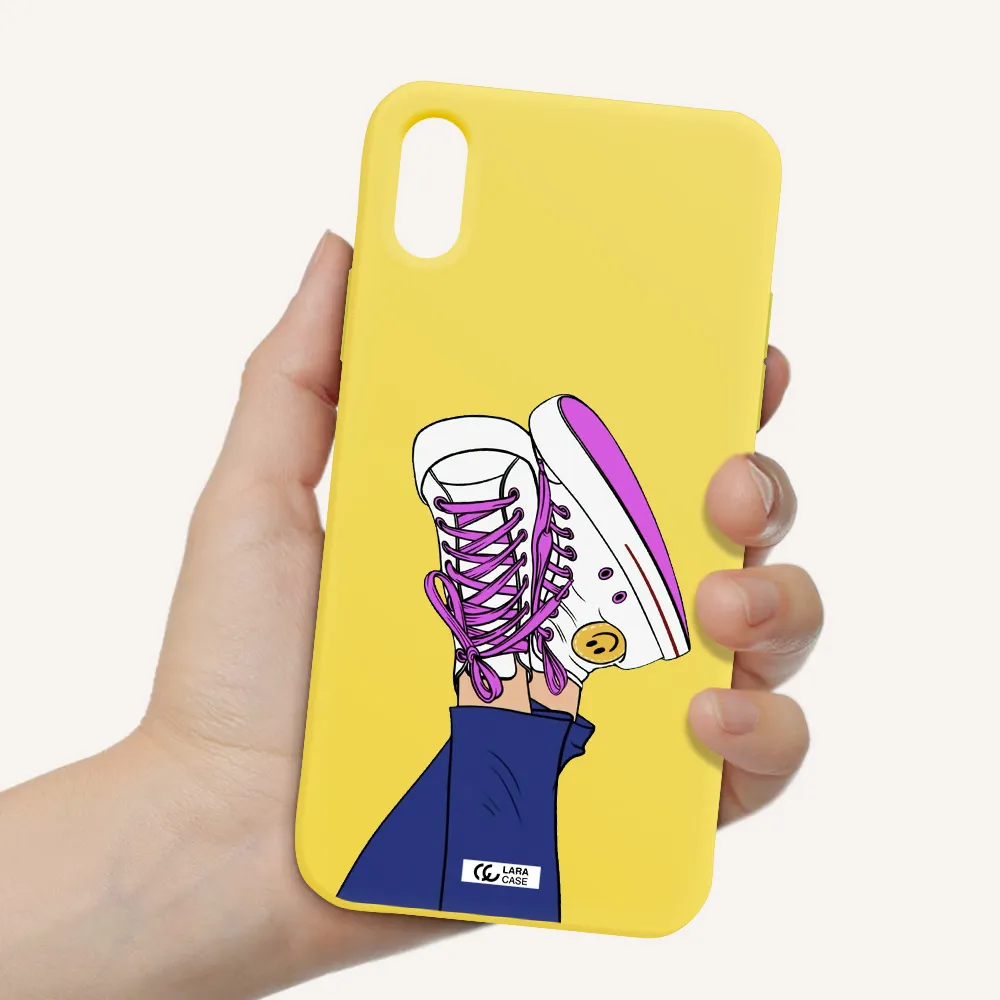 a cartoon of a person's feet with purple shoes Apple iPhone XS Silicone canary yellow Case