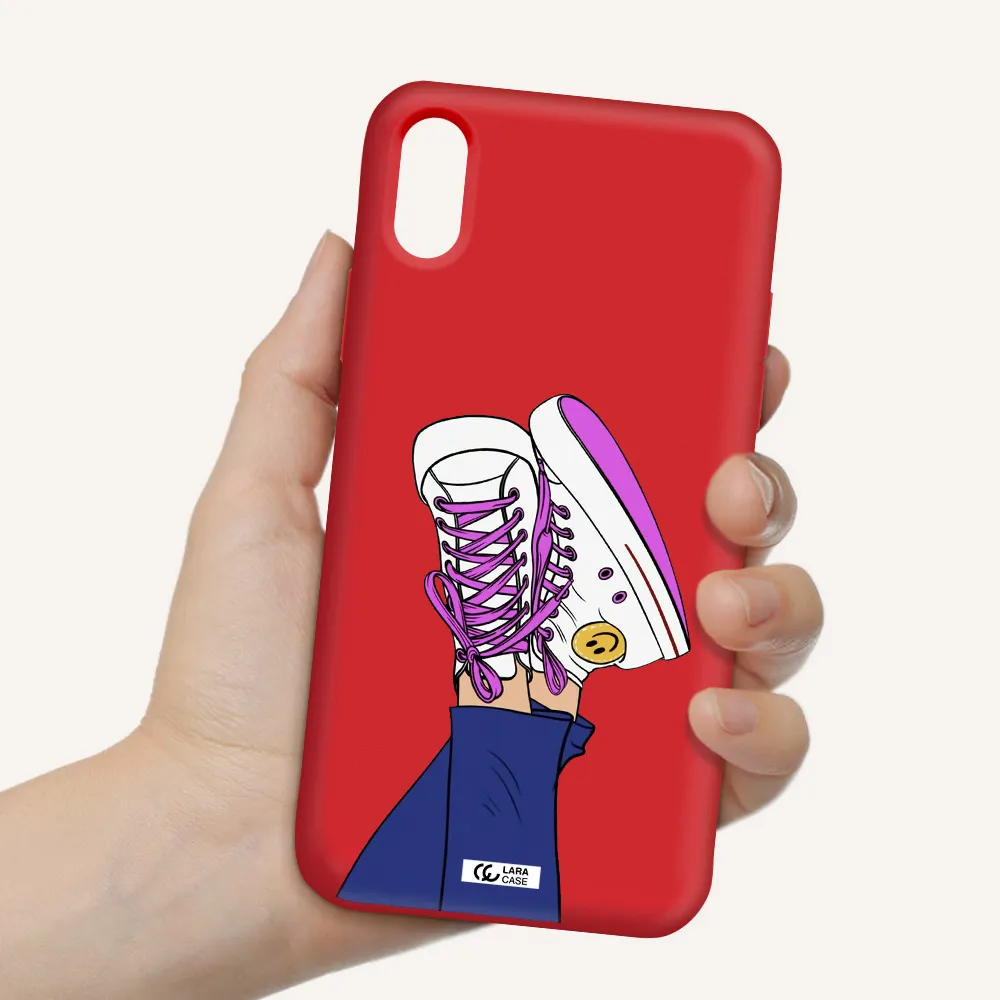 a cartoon of a person's feet with purple shoes Apple iPhone XS Silicone Imperial Red Case