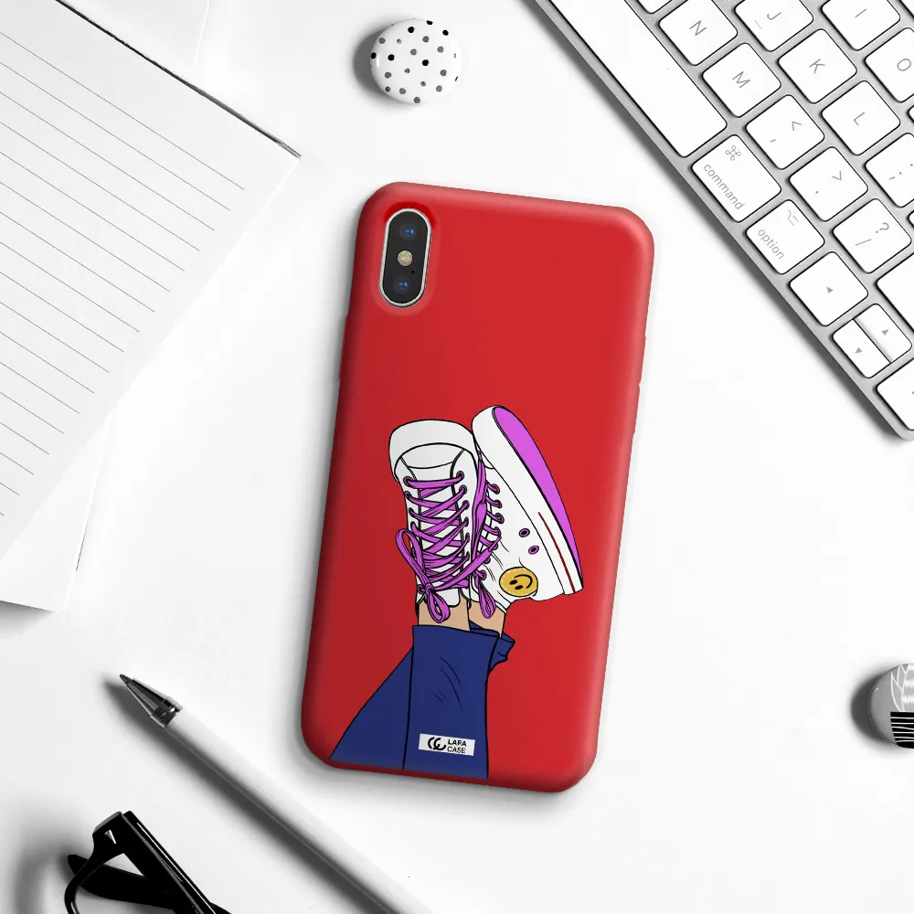 a cartoon of a person's feet with purple shoes Apple iPhone XS Silicone Imperial Red Case
