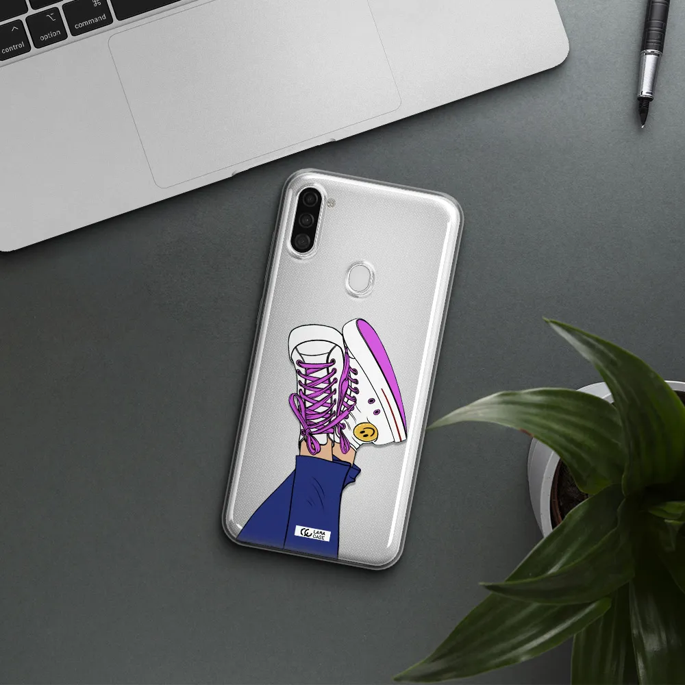 a cartoon of a person's feet with purple shoes Samsung A11 Clear TPU Case