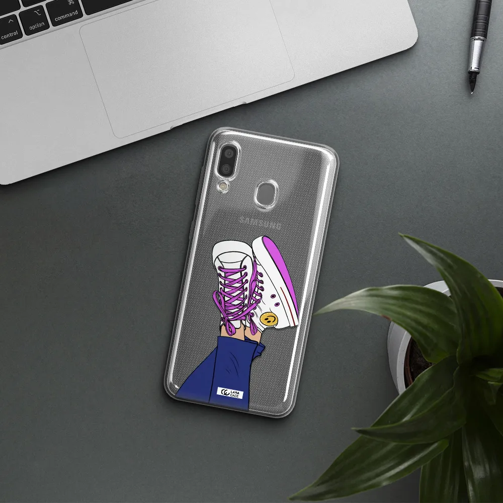 a cartoon of a person's feet with purple shoes Samsung A20 Clear TPU Case