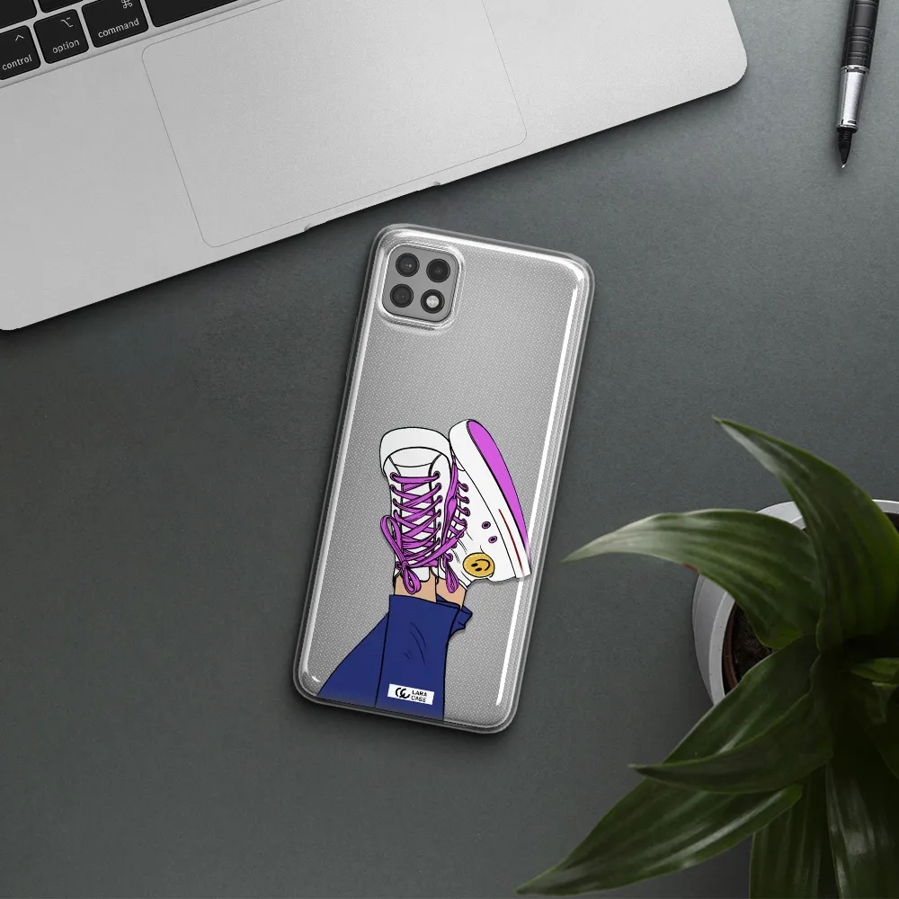 a cartoon of a person's feet with purple shoes Samsung A22 5g Clear TPU Case