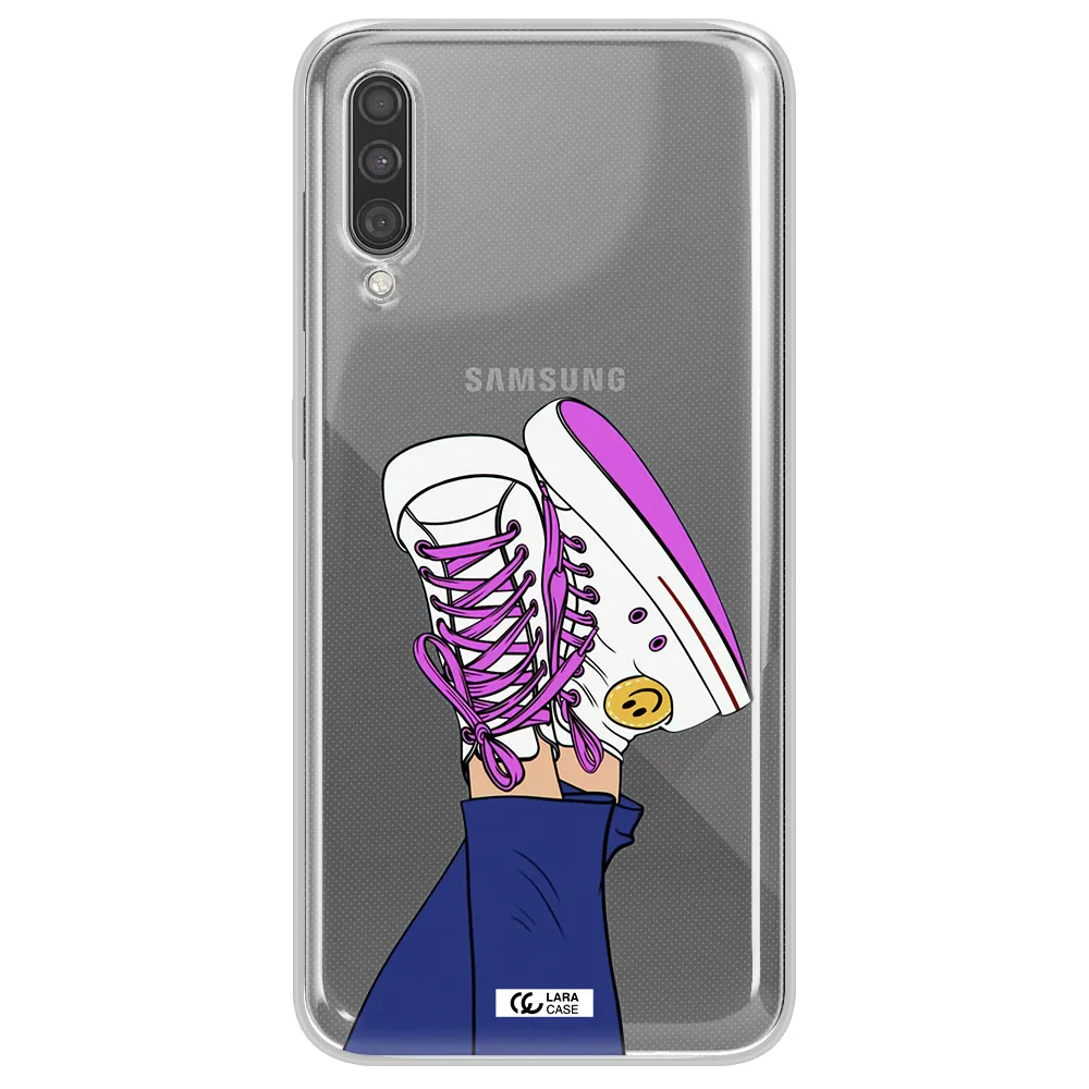 a cartoon of a person's feet with purple shoes Samsung A30S Clear TPU Case